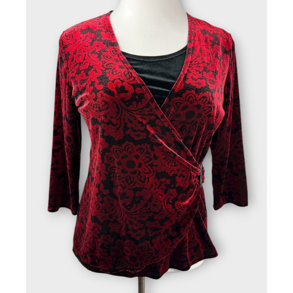 Choices Velvet Faux Wrap Blouse Lined Top Red Black Goth Vamp Whimsigoth Large - Picture 3 of 16